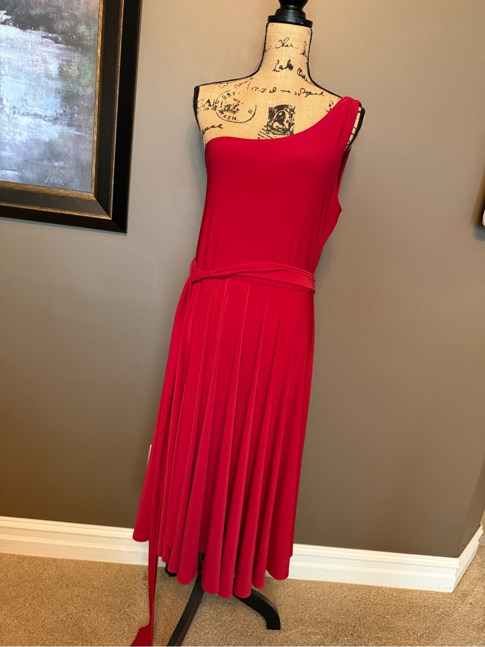 American Living Red One-Shoulder Pleated Tie-Waist Dress